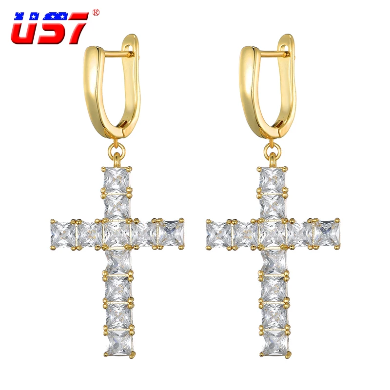 

US7 Micro Paved Cross Dangle Earring Full Bling Iced Out Cubic Zircon Gold Silver Color Drop Earrings Men Womem Hip Hop Jewelry