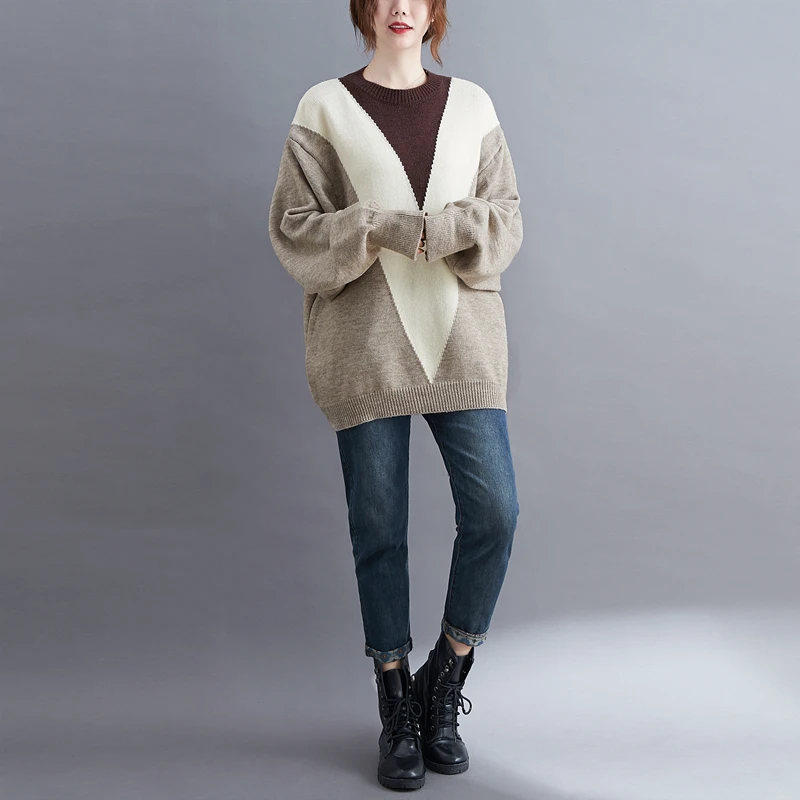 

Winter Fall Korean Fashion Women Round Neck V Pattern Pullover Sweater Office Lady Simple Basic Oversize Jumpers Female Knitwear