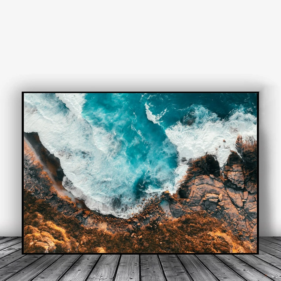 

Ocean waves crashing into rocks Print, Aerial photography beach poster, beach wall art from Western Australia Landscape Poster