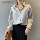 Женская блузка на пуговицах Aelegantmis, однотонная Свободная блузка с длинным рукавом, 4 цвета, элегантная, 2021