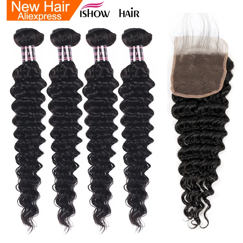 Ishow малазийские глубокая волна человеческие волосы пучки с закрытием Детские