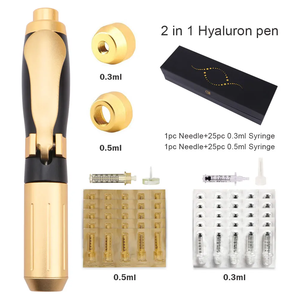 

2in 1 Meso Injection Gun Hyaluron Pen 0.3ml &0.5ml Gold Hyaluronic Acid Pen Lip Filler Injector Noninvasive Nebulizer Skin Care