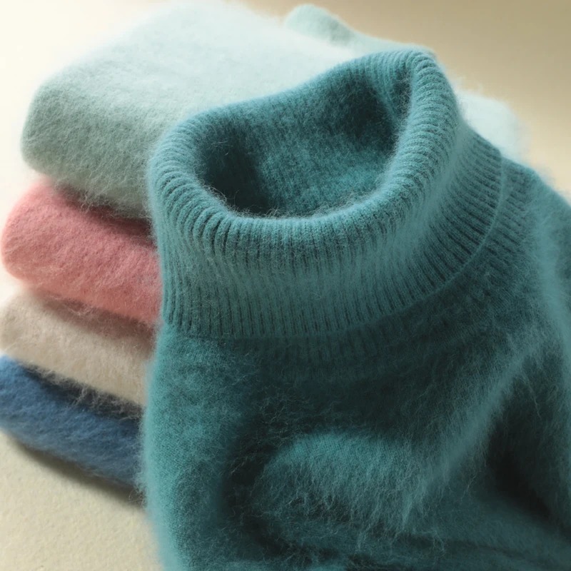 

Winter Women Sweater Solid Color 100% Mink Cashmere Turtleneck Knitted Pullovers Slim Soft Warm Female Long Sleeve Sweater S-XXL
