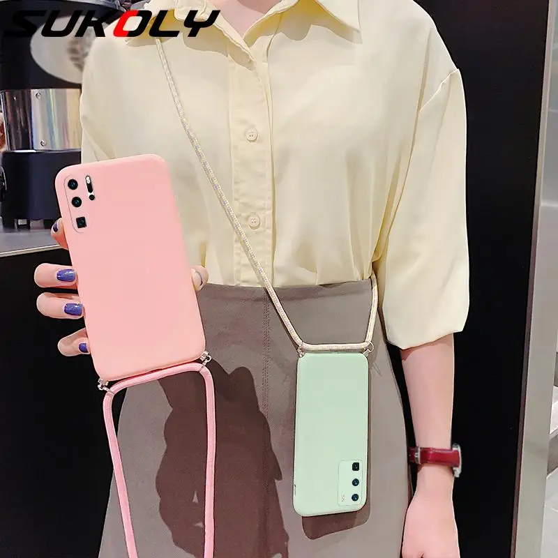 

Liquid Silicone Landyard Phone Case For Huawei P30 P40 P20 Pro Mate 20 30 Lite Y9 Prime P Smart Z Plus 2019 Honor X10 9X 8X Case