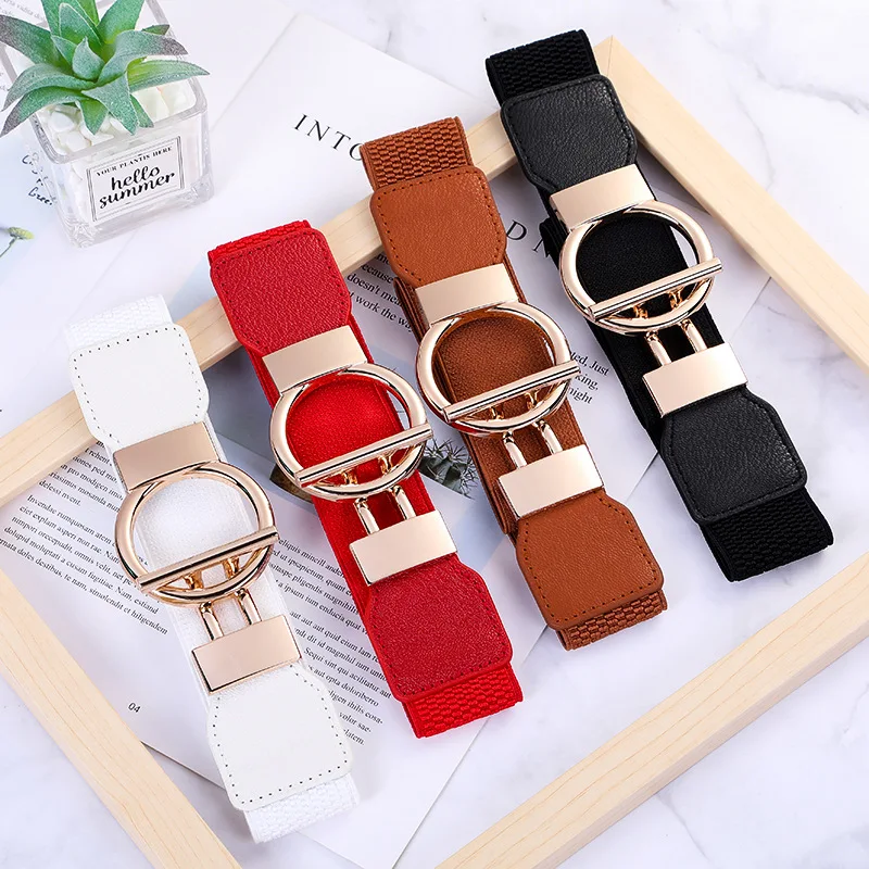

Designer Luxury Fashion Girl Elastic Belt New Dress Skirt Elastic Wide Waist Seal Gold Round Buckle Women's Decorative Belts