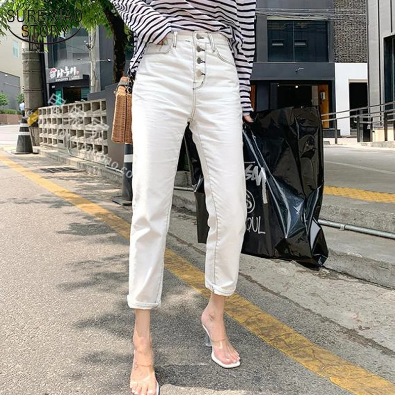 

Korean Style Jeans for Women Autumn New Women's Classic All-match Elastic White Straight Casual Pants Capri Jeans Woman 10417