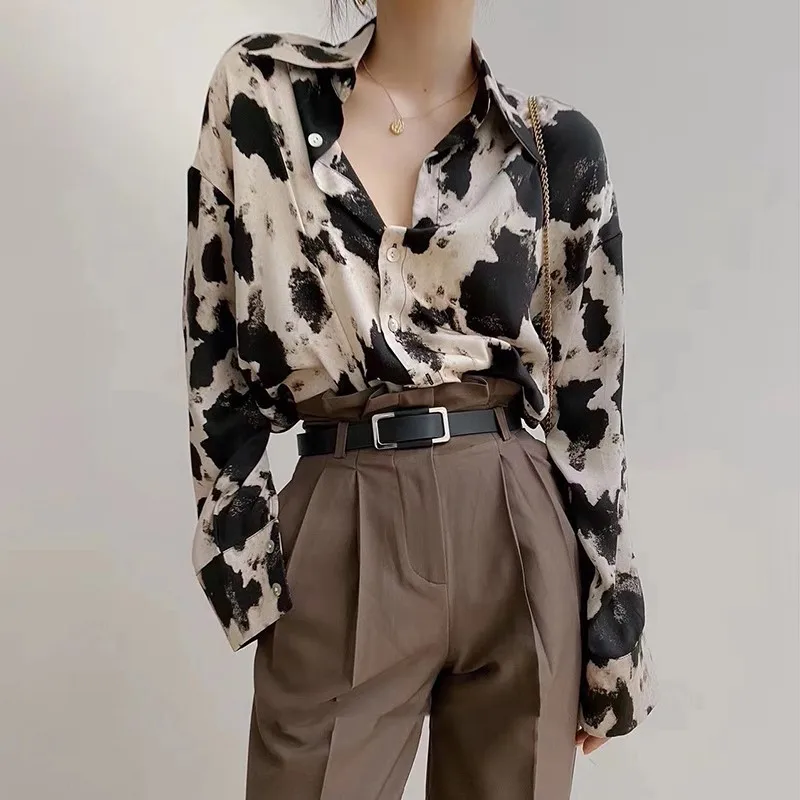 

Houthion Women's Blouses Long Sleeve Top Spring Summer Fashion Casual Retro Temperament Blouse Printing Chiffon Shirt