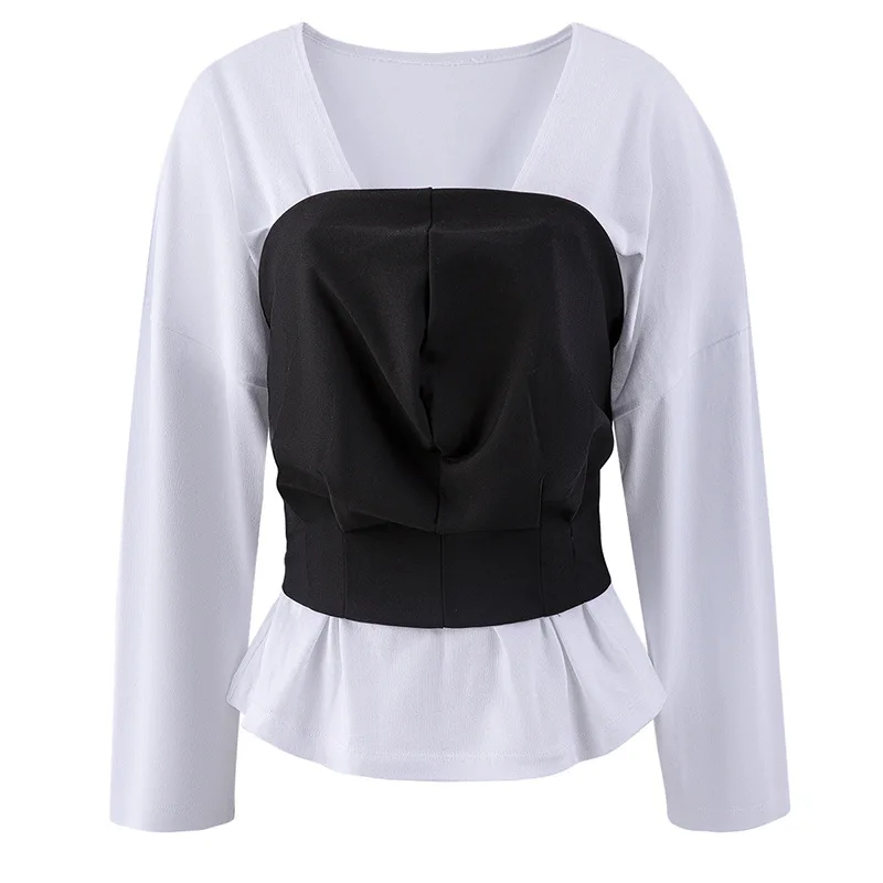 

SuperAen 2021 Spring New Fashion Full V Neck Tops Low-chested Shirt Women