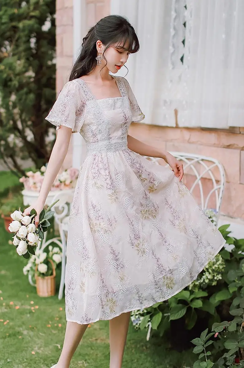 

COIGARSAM Vintage Floral Print Women dress Lace Dresses Taro Purple W1102