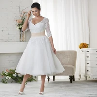 plus size short tea length wedding dresses with three quarter sleeves a line beaded appliques informal modest bridal gowns