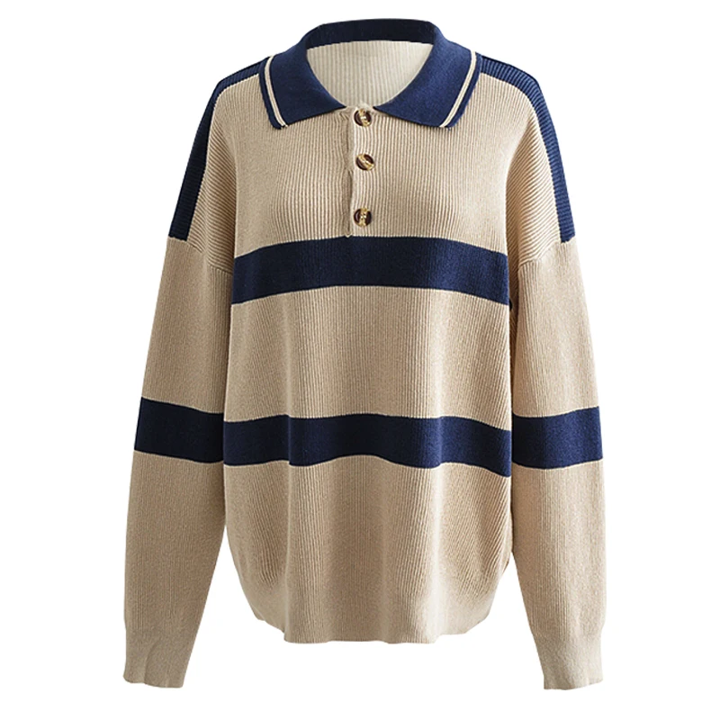 

Polo Collar Long Sleeve Anime Blue Stripe Knitted Hoodie Jacket Women Oversized Harajuku Y2k Basic Sweater Pullovers Streetwear