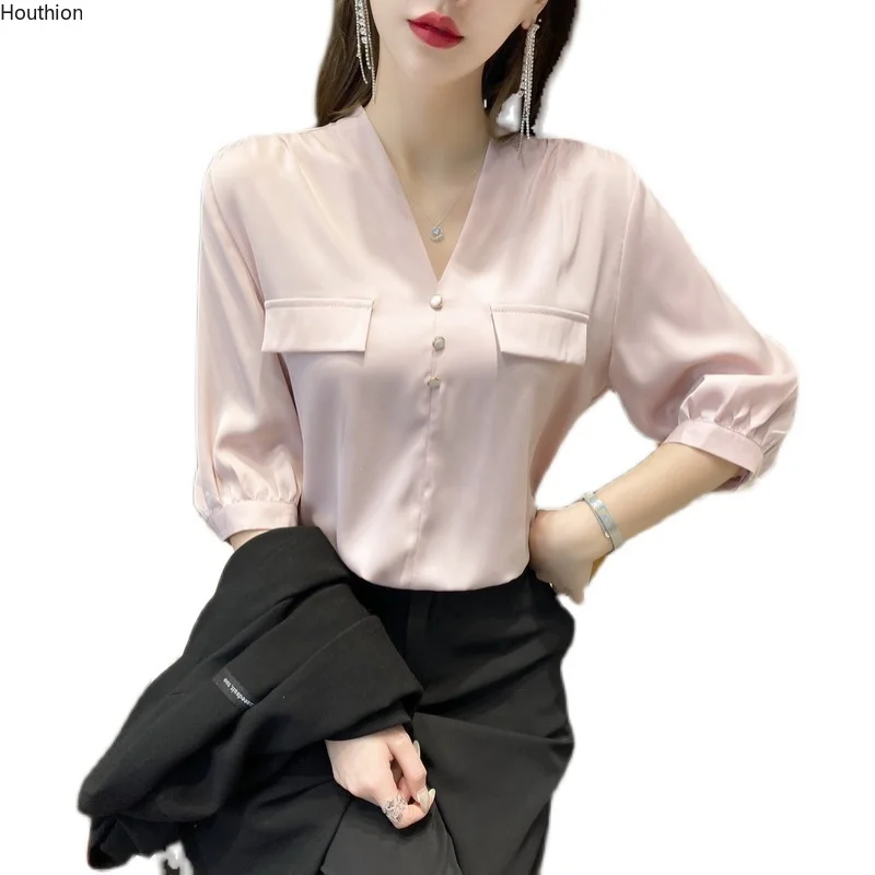 

Шифоновая облегающая женская блузка, новинка, повседневная однотонная блузка с тремя пуговицами и V-образным вырезом, летняя Модная рубашка...
