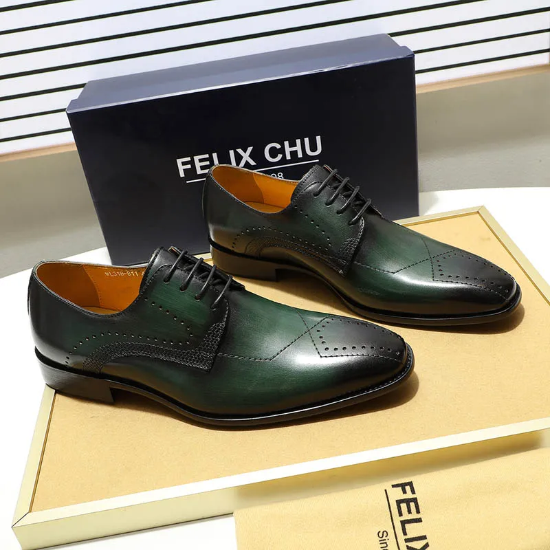 Green Felix CHU/Роскошные Мужские модельные туфли из натуральной кожи с острым носком; броги; туфли дерби; Цвет зеленый, черный; мужская обувь на шнуровке; официальная обувь из кожи - Цвет: Green