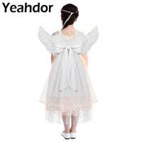 kids girls shiny stars feather angels wings with three layered tulle trailing veil and bowknot for weddings masquerade costume
