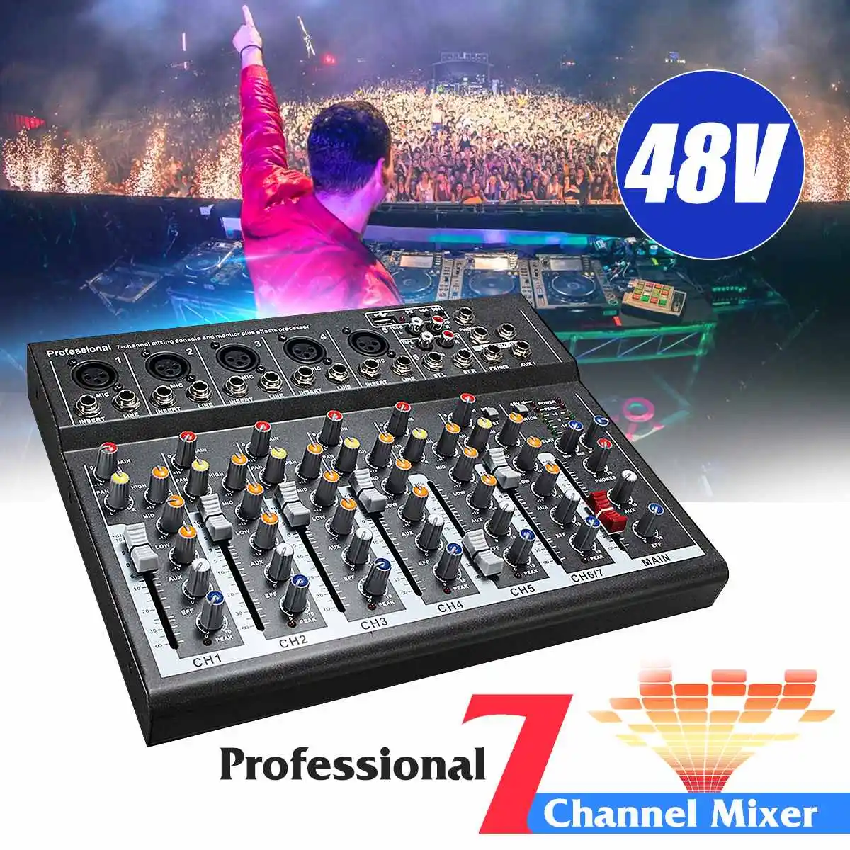 

CLAITE 7 Channel Karaoke Mixer Professional Studio Audio Mixing Console Amplifier Digital Microphone Sound Mixer Sound Card