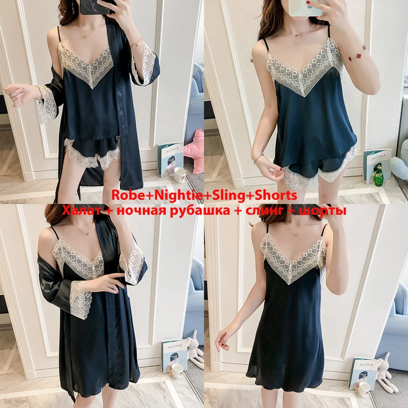 

Satin Nightwear Lace 4PCS Sleep Set Female Nightgown Sexy Kimono Gown Nightdress Silky Bathrobe Intimate Lingerie Sleepwear
