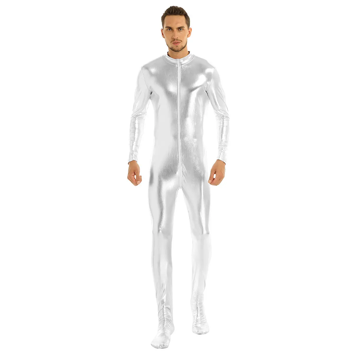 iiniim Mens Body Sexy Teddies Shiny Metallic Club Bodystocking Closed Toe Stretchy Full Body Leotard Bodysuit Clubwear Costumes