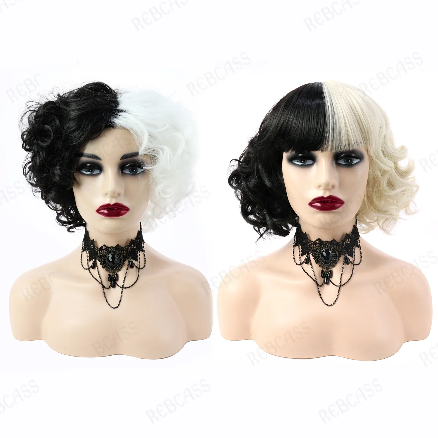 

Парик для костюма Rebcass Cruella с челкой сделан из высокотемпературного Шелкового волокна, который может быть бесплатным стилем для женщин
