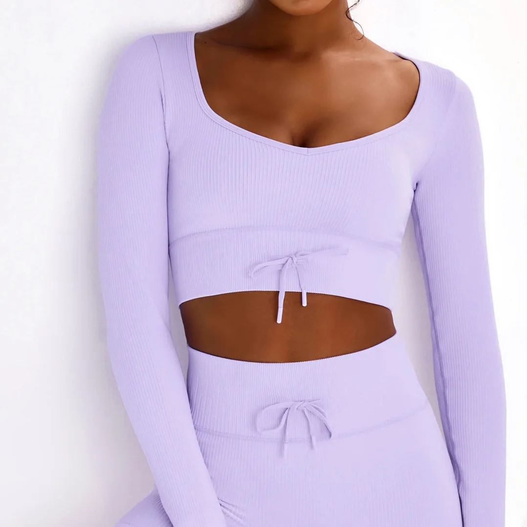 Однотонный ребристый бесшовный комплект для тренажерного зала и йоги