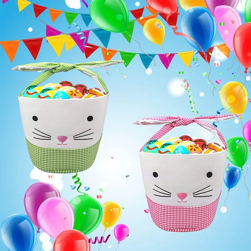 

10pcs Wholesale Easter Basket Canvas Cotton Tote Bag for Egg Hunt Bowknot Style Easter Bucket Kid Easter Gift Happy Easter