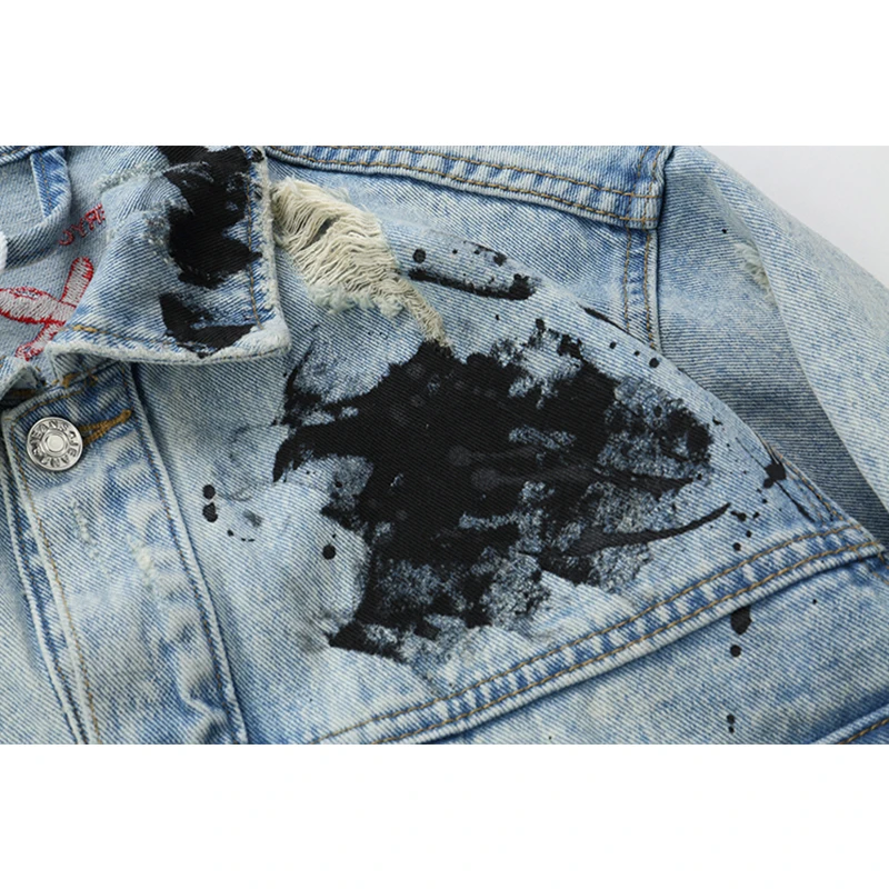 

Tide Brand Mens Graffiti Denim Jackets Streetwear 2019 Hip Hop Casual Patchwork Ripped Distressed Punk Rock Jeans Coats Outwear