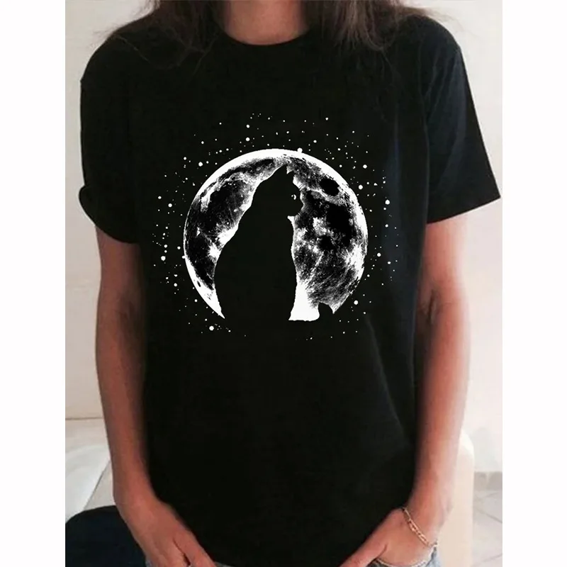 

Summer Cotton Women T Shirt 5XL Versatile Cute Moon Black Cat Print Short Sleeve Women Tees Tops Casual O-Neck Graphic TShirts