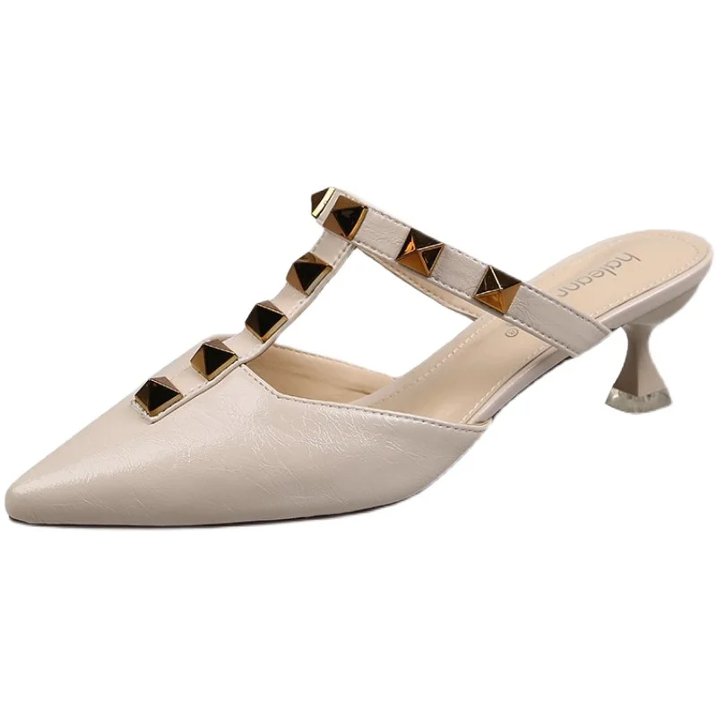 

Rivet Slippers Women Summer Thin Heels Slides Shoes Med Cover Toe Heeled Mules Pantofle High 2021 Soft Pointed Rubber PU