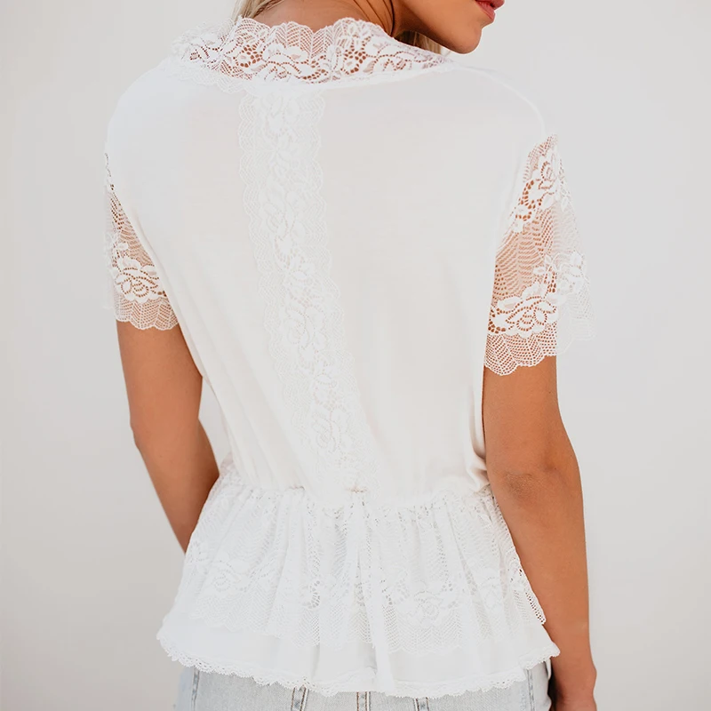 

Sexy White Lace Patchwork Short Sleeve Deep V Neck Tshirt Elegant Women Clothes Slim Tunic Shirts Casual Tops Fashion Streetwear