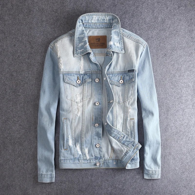 

Korean Style Fashion Men Jackets Retro Light Blue Vintage Ripped Denim Jacket Men Cotton Coats Streetwear Simple Chaqueta Hombre