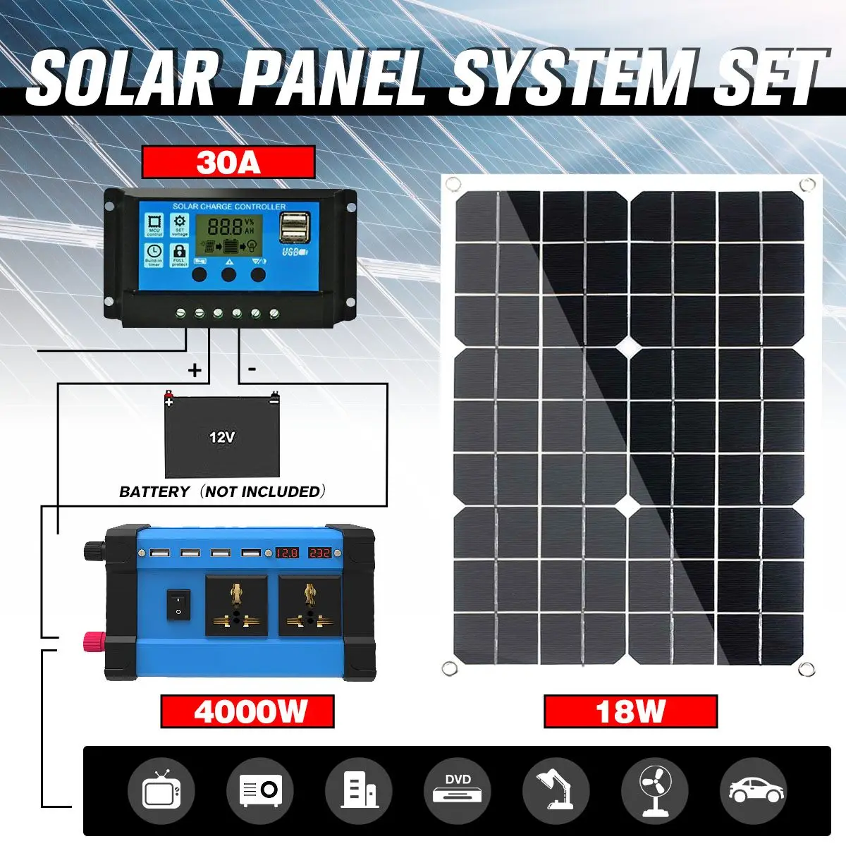 

4000W Solar Panel Kit Complete 12V USB With 30A Charge Controller Solar Cells for Car Yacht Boat Moblie Phone Battery Charger