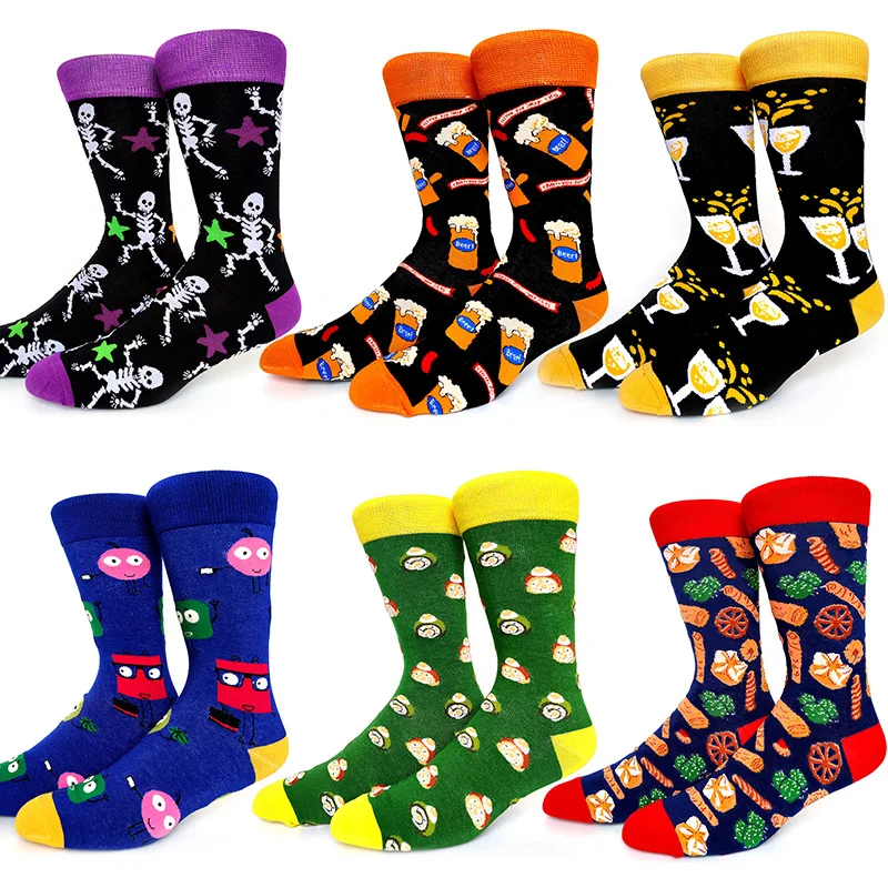 6 Pairs/Pack Happy Funny Socks Men Christmas Colorful Combed Cotton Plus Size Rhombus Casual Fashion Autumn Crew Socks Men Socks