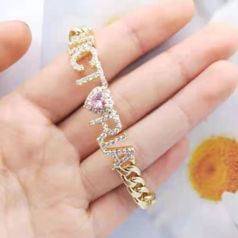 

Custom Bracelets Name Bracelets Bangles for Women Men Bracelets Bangles with Thick Cuban Chain/Pink Stone Name Bangles Joy Gifts