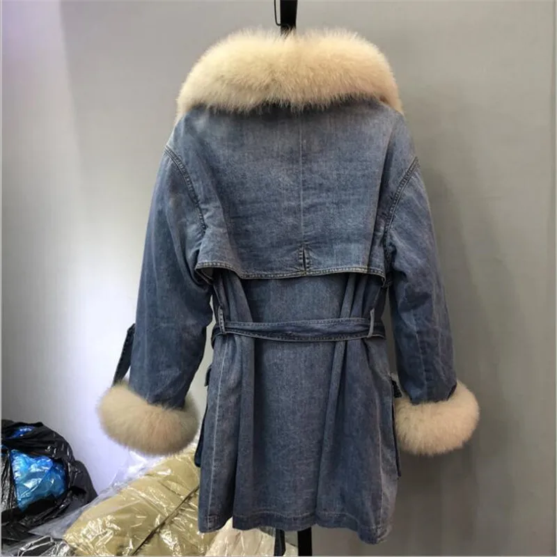 New Fashion Real Fox Fur Collar Coat Women Winter Jacket Detachable Duck Down Liner Denim Jacket Natural Fur Coat