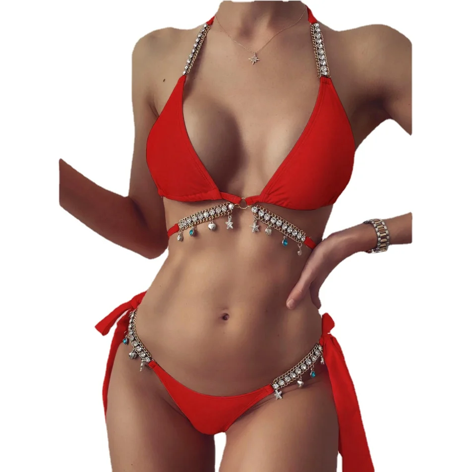 

Women Sexy Swimwear Push Up Swimsuit Rhinestone Metal Chain Bikini Women Bathing Suit Beachwear Women Swimming Suit Bikini Set