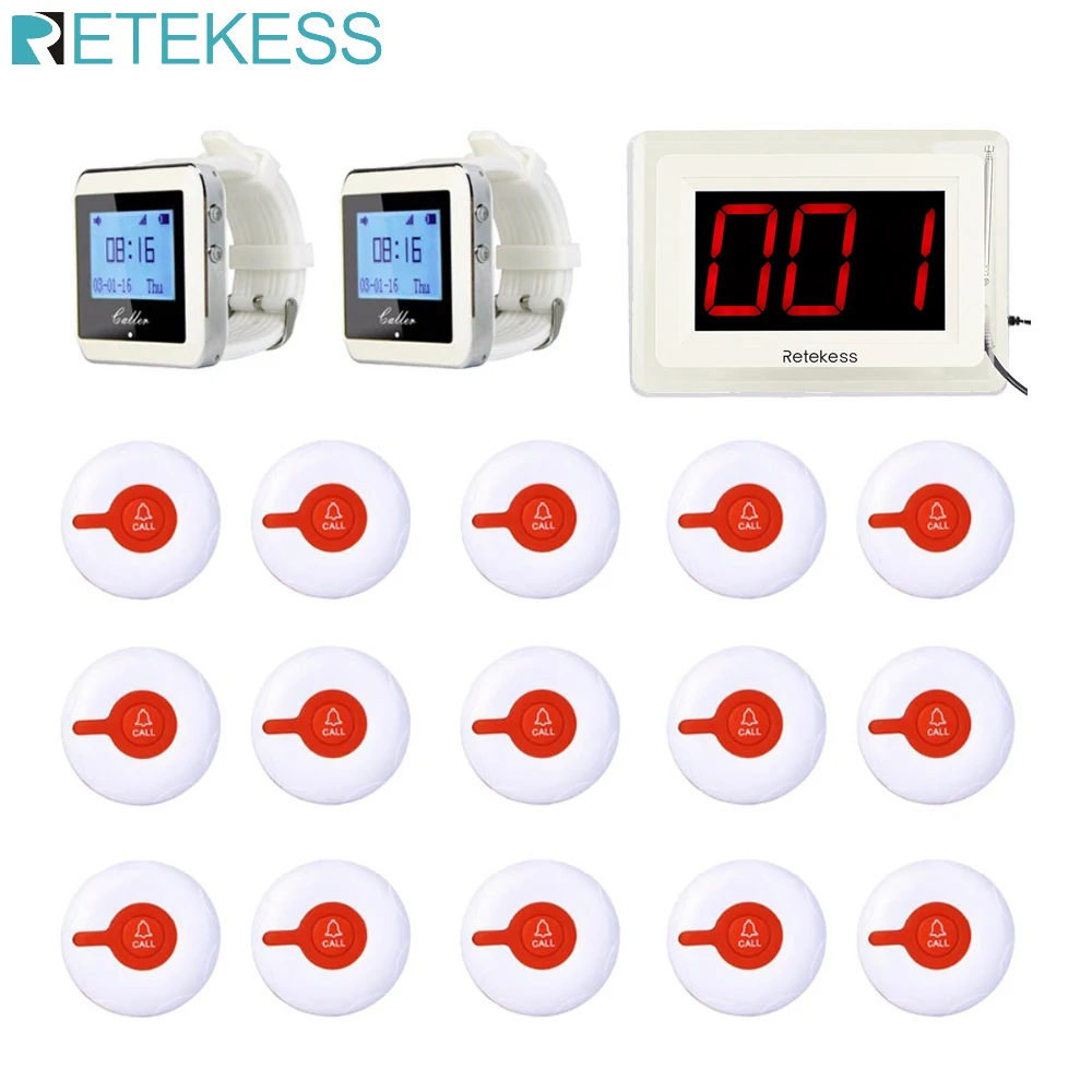 

Retekess Call Waiter Wireless Calling System Receiver Host +2 Watch Receiver+15 Call Button Transmitters Restaurant Pager