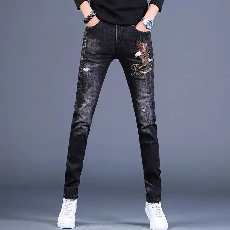 

Men’s High Quality Black Jeans,Light Luxury Stretch Denim Pants,Eagle Embroidery Slim-fit Casual Jeans,Youth Fashion Must;