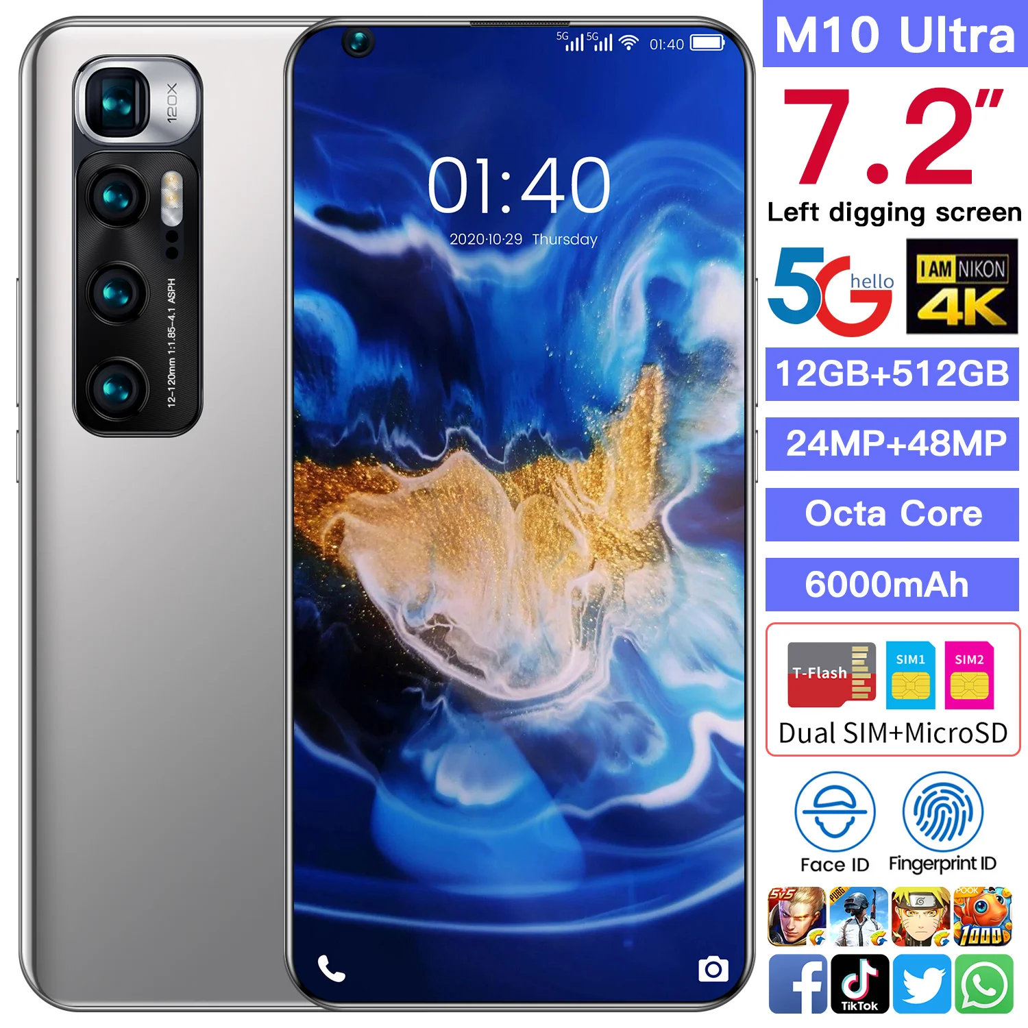 

M10 Ultra Smartphone 7.2 Inch Full Screen Octa Core 6000mAh 12GB 512GB 4GIntelligent wake-up, face recognition, fingerprint unl