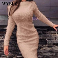 wyblz fashion plush sexy mini dress women solid elegant waist short dress long sleeve dress femme 2021 autumn winter clothing