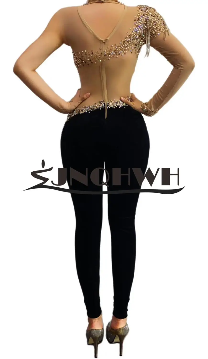 

2020 New Arrival Women Elegant black Diamonds long sleeve Mesh Jumpsuit cut out Full Length Celebrity Party Jumpsuit