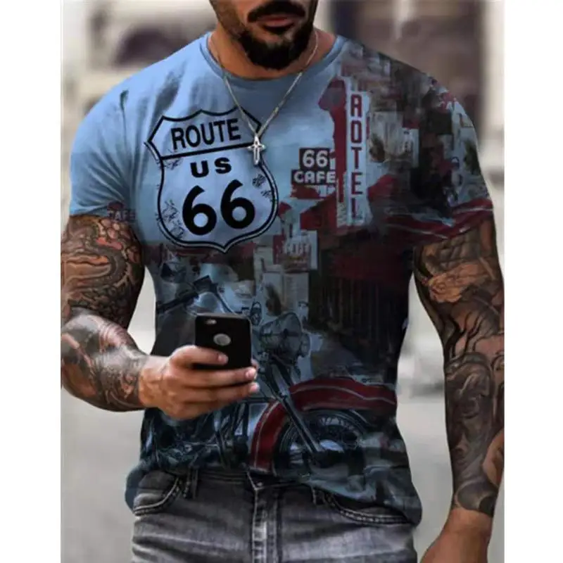 

2021 Summer T shirt Men Streetwear O Neck Short Sleeve Tees Highway 66 leisure Style Male Clothes 3D Print Tshirt