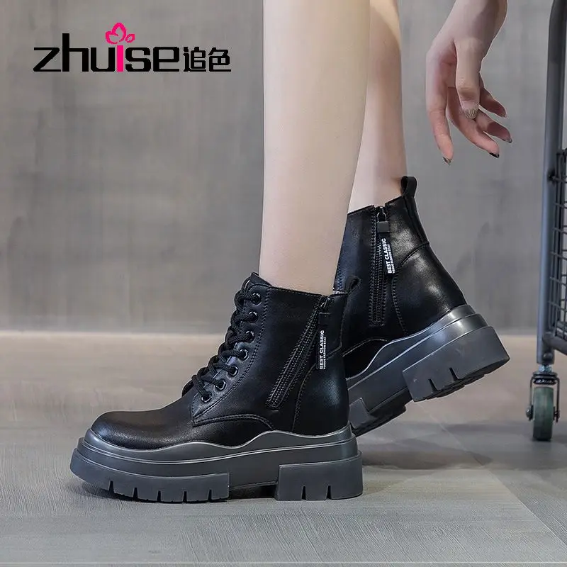 

Женские осенние ботинки из воловьей кожи с двойной молнией, новинка 2021, ботинки на толстой подошве с укороченной внутренней подкладкой для ...