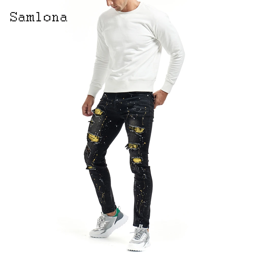 Samlona 2022 European and American Fashion Denim Pants Mens Skinny Trousers Hole Stretch Mid-Waist Leisure Men's Ripped Jeans