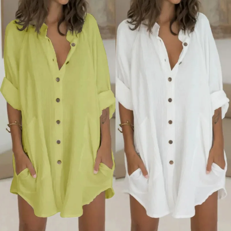 In the summer of 2021 the new women's cotton and linen a long loose shirts with short sleeves in the female