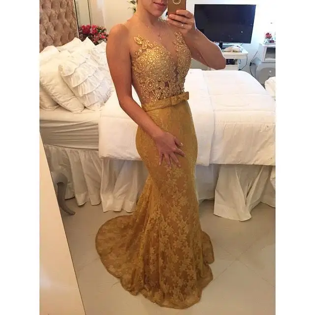 

Golden Mermaid vestido graduacion Appliques Bow Knot Sashes Tulle Floor Length Party Prom Formal Gown Custom Homecoming Dresses