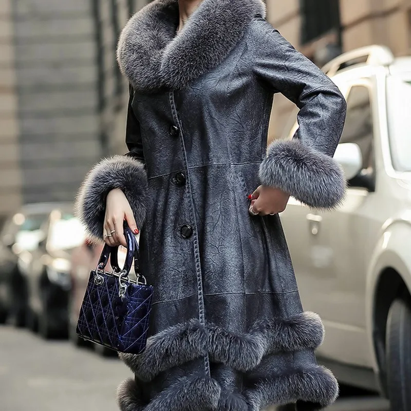 

Fur Collar Fox Womens Long Skirt Real Fur Fashion Slim Fur Natural Color Pockets Winter Thick Warm Rabbit Skin Streetwear Coat