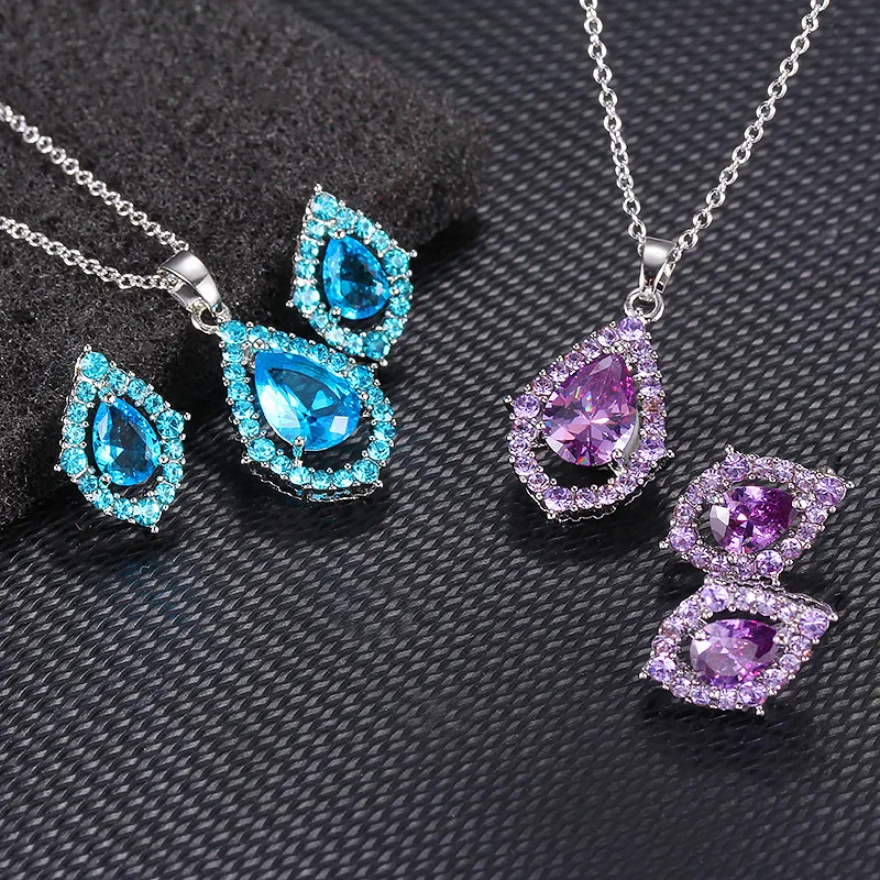 

2pcs/Set Zircon Jewelry Sets Women Elegant Waterdrop Rhinestone Pendant Necklace Hook Earrings Jewelry Set