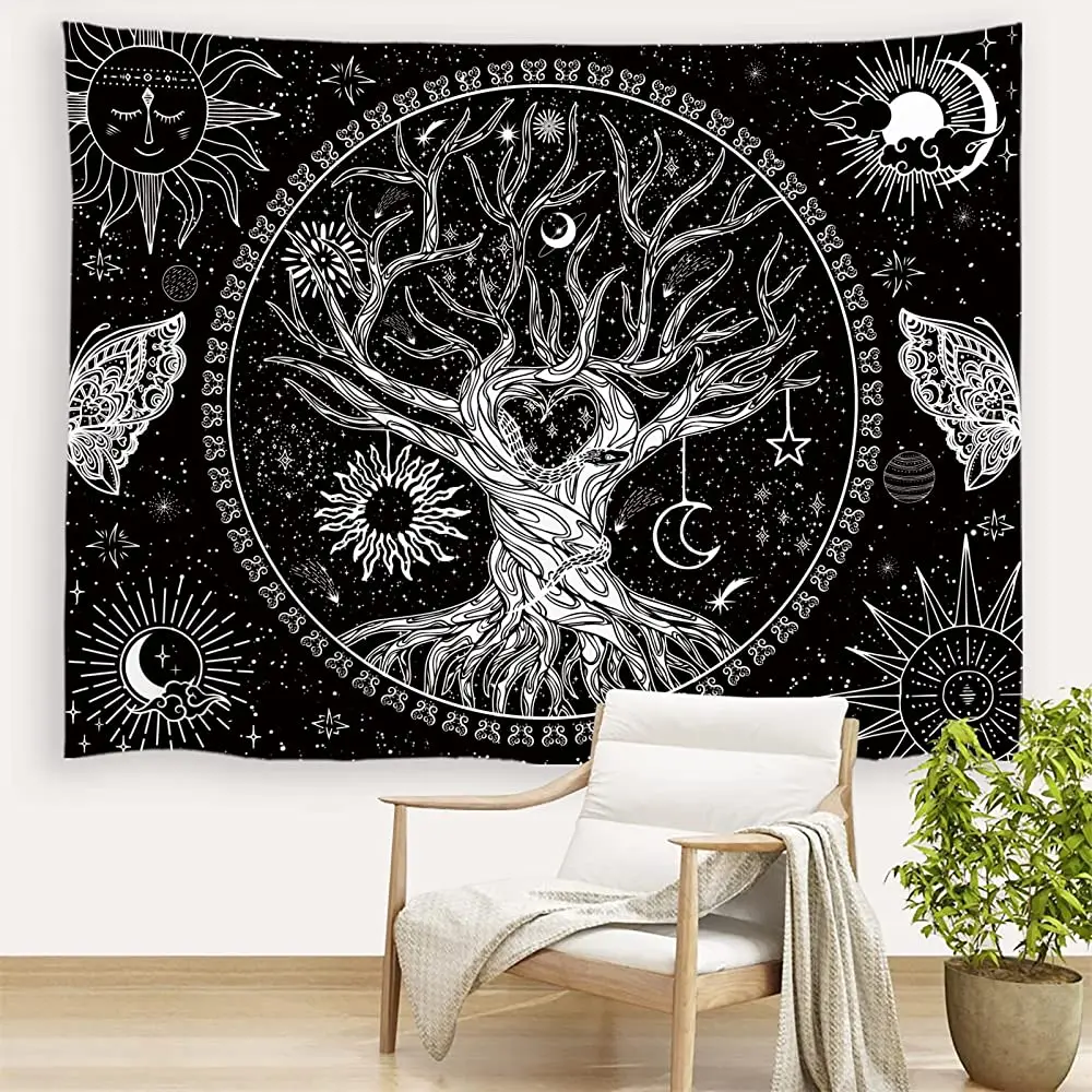 

Гобелен proвид с деревом жизни, настенный гобелен, психоделическая змея, Бабочка, солнце, луна, черно-белый Галактический космический гобелен