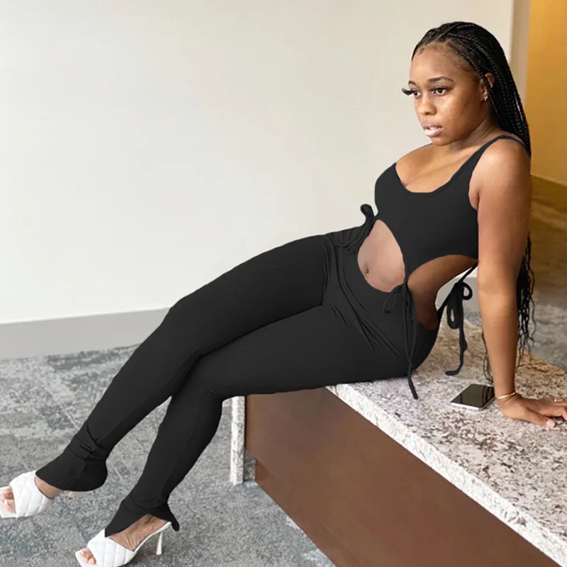 

Sexy Hollow Out Lace Up Crop Top And High Waist Sweatpant Casual Summer Sleeveless 2 Piece Set Tracksuit Square Collar Slim Suit