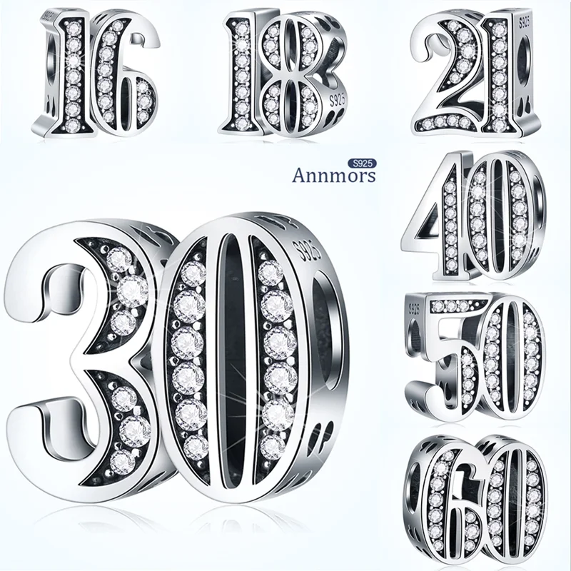 

Age Numerals Charms Silver Plating Birthday Anniversary Pendant Fits Original Bracelet Women Zircon Jewelry Charms