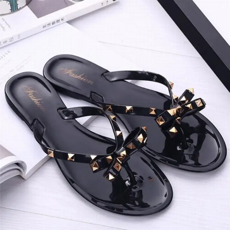 

Sweet Woman Flip Flops Summer Sandals Beach Outdoor Bowknot Rivets Flat Jelly Slippers Shoes Girl EU/RU Size 36-40 SW-006